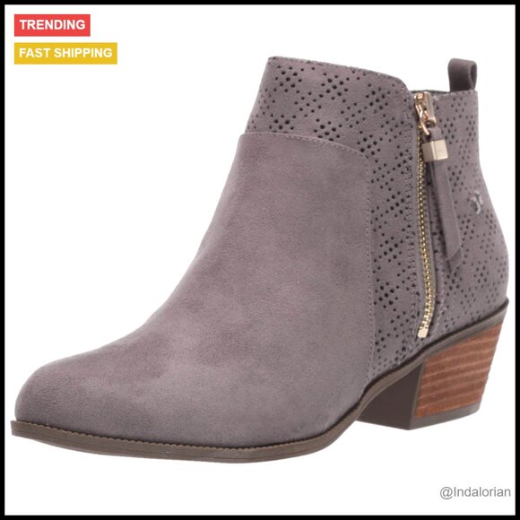 Western Ankle Bootie Almond Toe Zip Closure Perforated Accents Comfort Heel